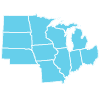 Midwest Map highlighting several U.S. states in light blue, including North Dakota, South Dakota, Nebraska, Kansas, Minnesota, Iowa, Missouri, Wisconsin, Illinois, Michigan, Indiana, and Ohio, with surrounding areas in white.