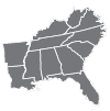 Southeast Map of southeastern United States in gray, highlighting states such as Tennessee, North Carolina, South Carolina, Georgia, Florida, Alabama, and Mississippi. Borders of adjacent states are visible but not labeled.