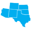 Southwest Map of the central United States showing six states highlighted in blue: Texas, Oklahoma, New Mexico, Colorado, Kansas, and Nebraska.
