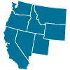 West Map of the Western United States showing states in blue, including California, Nevada, Utah, Arizona, Idaho, Oregon, and Washington.