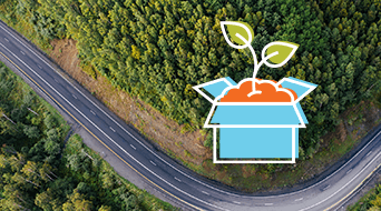 Aerial view of a winding road through a dense, green forest. An illustration of an open box with a plant growing out of it is overlaid on the image, symbolizing environmental growth or sustainability.