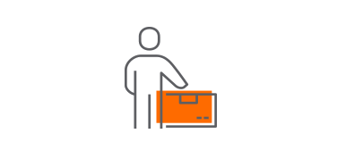 A simplistic line drawing of a person standing behind a desk with a computer monitor. The monitor is colored orange, and the person is depicted with a round head and abstract body shape.