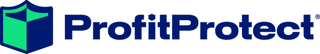 A logo featuring a blue shield with a green section on the left and the bold text ProfitProtect in blue letters to the right, symbolizing robust security for your assets, reminiscent of top-tier services like UPS Capital.