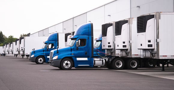 Several blue semi-trucks with white refrigerated trailers, part of ADA Enterprises' B2B logistics fleet, are parked in a row outside a large warehouse building on a paved lot.