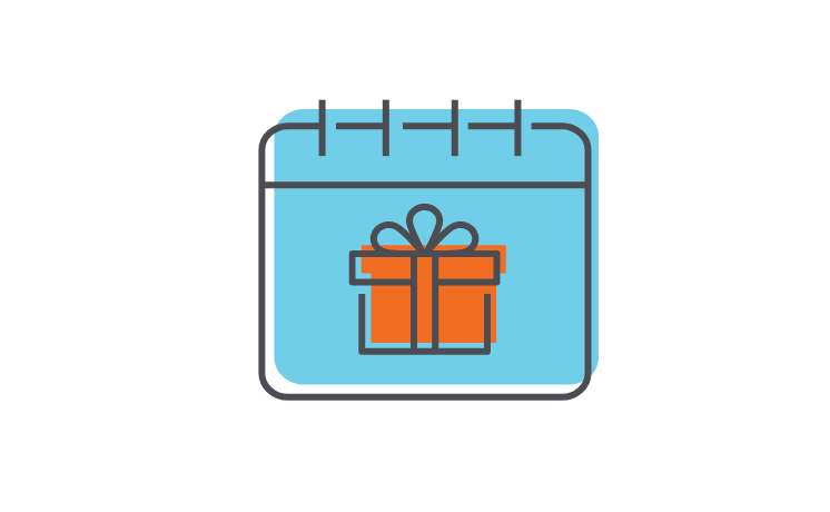 A blue calendar icon with a spiral binding, featuring an orange gift box with a bow in the center, symbolizing Holiday Shipping Deadlines or a special event or celebration.