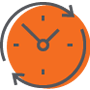 An orange clock with black hands showing 10:10, surrounded by two circular black arrows, represents time passing—a reminder to keep track of Holiday Shipping Deadlines.