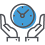 Icon of two hands open and facing upward, holding a blue clock, symbolizing time management or valuing time—ideal for highlighting holiday shipping deadlines.