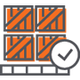 Four orange wooden crates stacked on a pallet with a large checkmark in a circle in front, symbolizing approved or completed holiday shipping. Perfect for illustrating Holiday Shipping Deadlines.