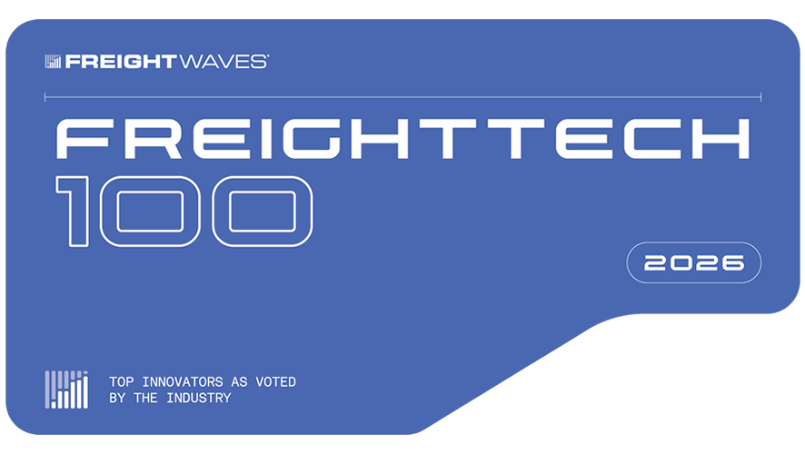 A blue graphic featuring the FreightWaves logo and the text FREIGHTWAVES 2026 FREIGHTTECH 100 LIST, with a note at the bottom left reading Top Innovators as Voted by the Industry.