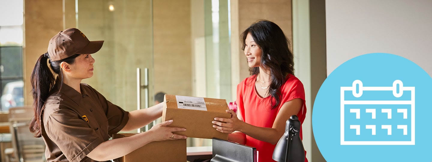 A delivery person in a brown uniform hands a package to a woman in a red blouse inside a modern office, highlighting UPS Pickup Options. A blue calendar icon is visible in the lower-left corner, emphasizing scheduling convenience.