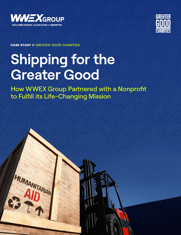 A forklift lifts a large box labeled “Humanitarian Aid” in front of a blue background. Text reads: “Case Study: Shipping for the Greater Good. How WWEX Group partnered with a nonprofit to fulfill its life-changing mission.”.