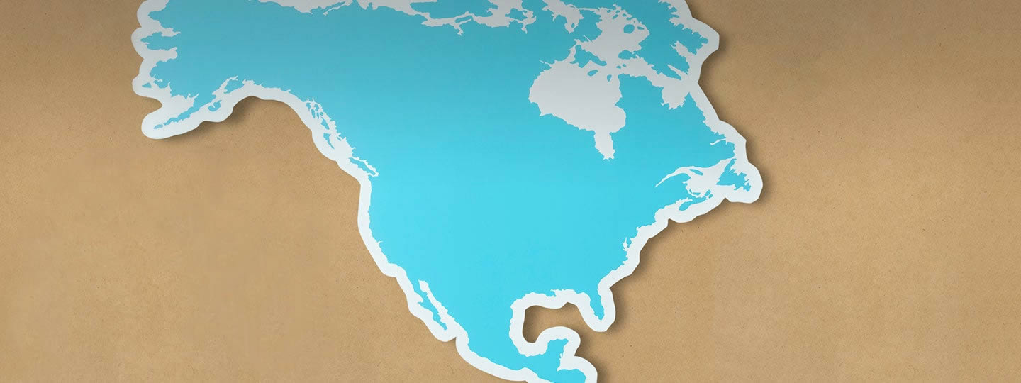 partly overlapping the map. A small blue dot appears on the map near central USA.|Illustration of a light blue map of North America on a tan background highlights cross-border shipping. In the bottom left corner