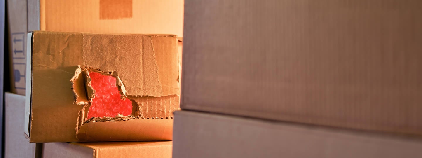 revealing red packing material inside. The boxes are arranged closely together