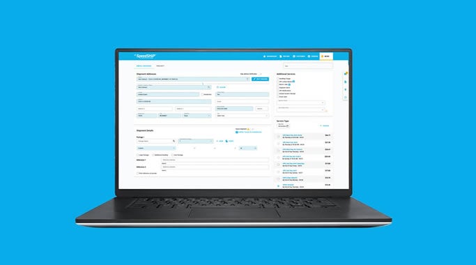 A laptop displaying the SpeedShip software interface for shipping packages is shown against a blue background. The SpeedShip logo and tagline by Worldwide Express appear to the left of the laptop.|A laptop displays the SpeedSHIP by Worldwide Express interface
