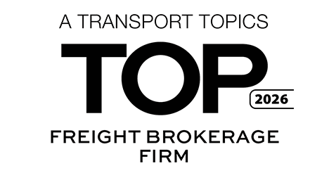 Black text on a white background reads: A Transport Topics Top 2025 Freight Brokerage Firm. The word TOP is bold and large, with 2025 in a rounded rectangle—recognizing excellence as a leading 3PL company.