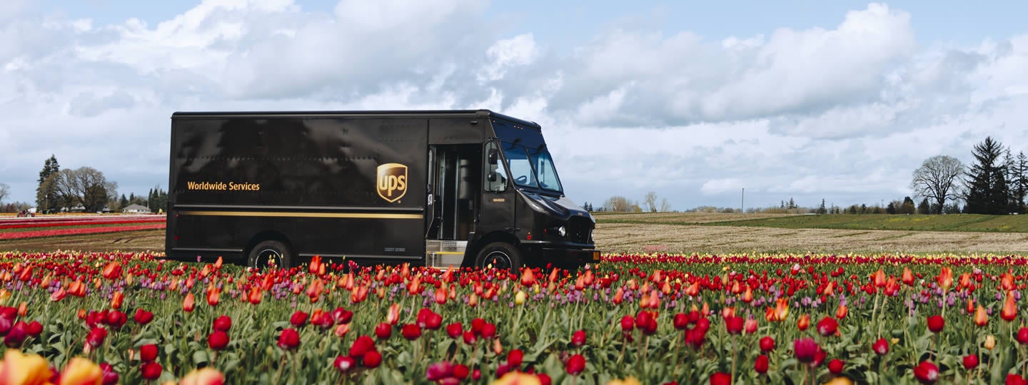 A close-up of a UPS Pickup delivery truck featuring the large, gold and brown UPS shield logo, with a pattern of blue and white arrow-like shapes on the left side of the image.