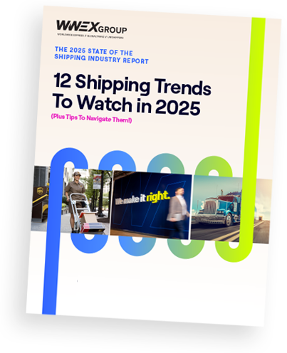Cover of a report titled “12 Shipping Trends To Watch in 2025” by WWEX Group, featuring shipping-related images including a forklift, a delivery truck, and a slogan “we make it right.”.