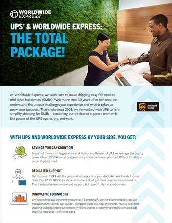 embodying reliable shipping services. The scene unfolds on a sunny day.|Infographic titled UPS and Worldwide Express: A Winning Combination for Shipping Services features benefits like live support