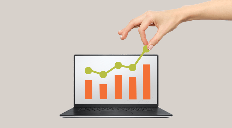 A hand adjusts a rising green line graph on a laptop screen, which also displays bar charts and supply chain control tower metrics, against a blue background.