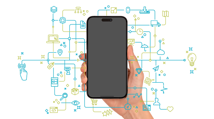 A hand holds a smartphone against a blue background with various technology and supply chain control tower-themed icons, symbolizing digital connectivity, communication, and real-time oversight in modern networks.