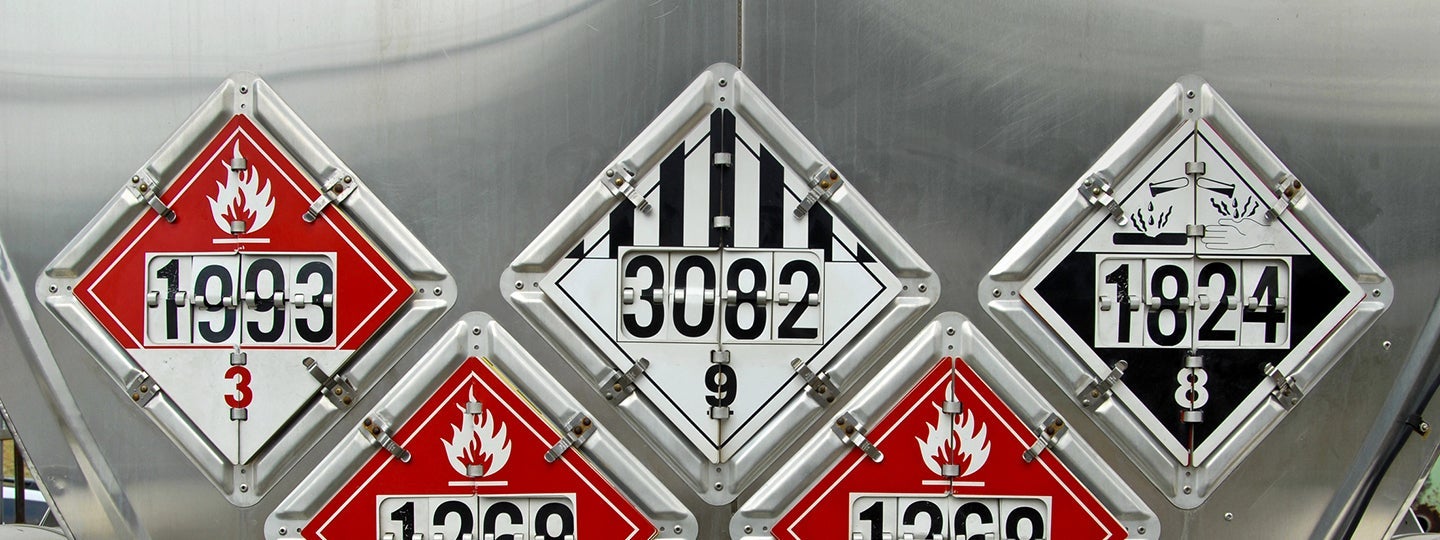 including flames and stripes. The placards are primarily red and white