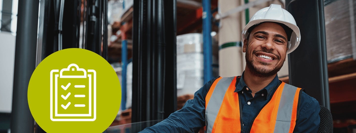 a green circle with a white checklist icon. The background features industrial elements