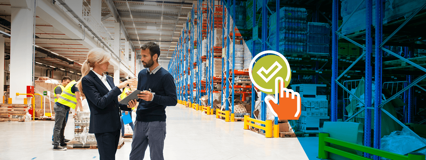 discussing peak season shipping. A graphic with a checkmark and hand icon appears on the right while fluorescent lighting brightens the space.