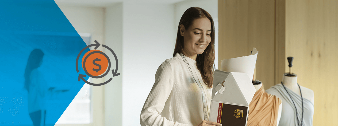 smiling. A circular money symbol icon is visible on a blue triangular overlay. There is a mannequin in the background.|A woman beams as she holds an open package