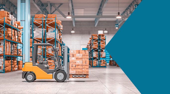 A forklift transports a pallet of boxes in a spacious warehouse filled with shelves stacked with more boxes. The shelves are organized in rows