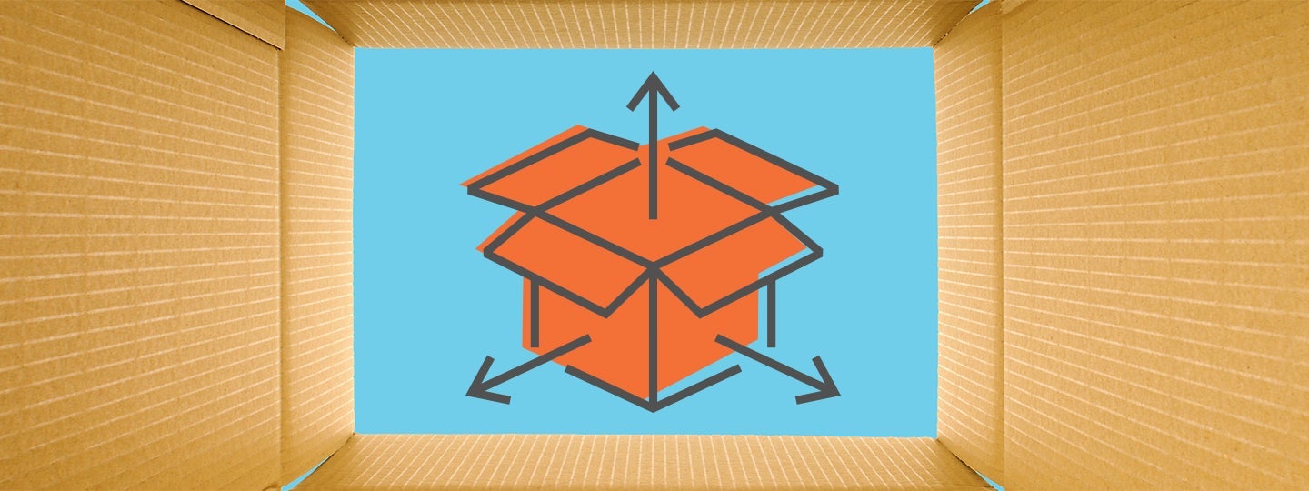 placed against a blue background. The scene is framed by the inside edges of a larger cardboard box