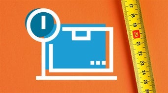 A blue delivery box icon with a circular information symbol on a bright orange background. A yellow measuring tape with black and red markings is positioned vertically on the right side of the image.|Illustration of a blue package with a clock icon on an orange background
