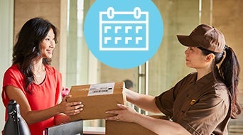 A delivery person in a brown uniform hands a package to a woman in a red shirt inside an office. A calendar icon is superimposed in the upper part of the image.|A delivery person in a brown uniform hands a package to a woman in a red blouse inside a modern office