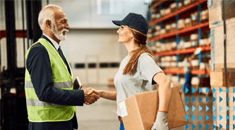 An older man in a safety vest and a younger woman in a cap with a package shake hands in a warehouse. The warehouse has shelves filled with boxes. The woman is wearing a gray T-shirt and gloves. Blue arrow graphics are visible on the right side.|An older man in a yellow safety vest shakes hands with a woman in a cap holding a box