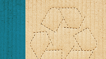 A textured cardboard surface with a dotted outline of the recycling symbol on the right side. A vertical teal band runs along the left edge of the image.|A recycle symbol is outlined with dashed lines on a textured brown cardboard background