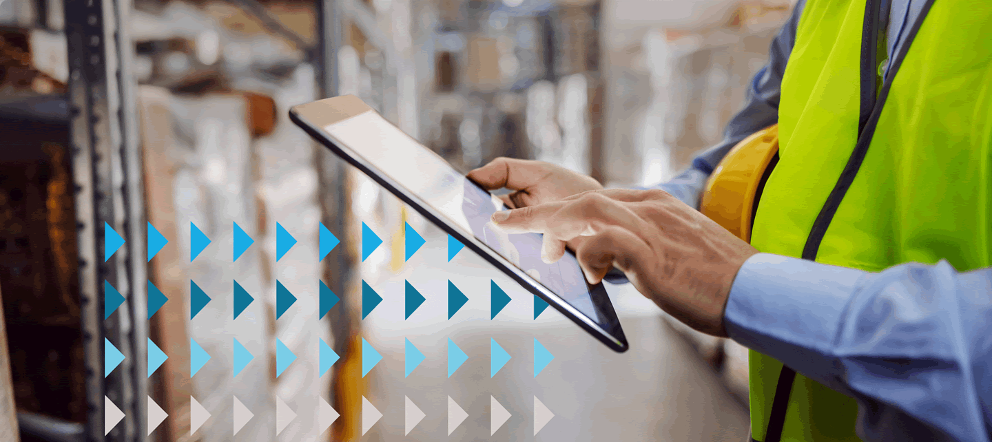 while blue and gray arrow graphics overlay the image