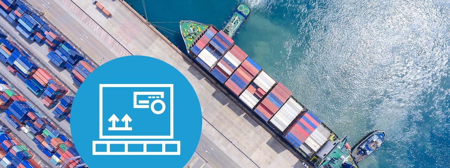 docked at a port and loaded with colorful shipping containers. A blue circle overlay shows a white icon of a parcel with arrows. The sea water beside the ship is a clear turquoise.|Aerial view of a cargo ship docked at the port with colorful shipping containers. On the left side