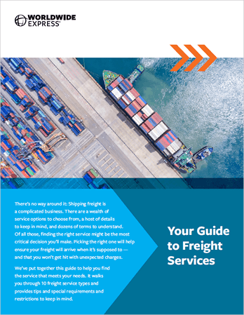 a large blue circle displays a white icon of a computer screen with data and arrows—echoing elements from the Freight Services Guide.|Aerial view of a shipping port with several container ships docked. The image features the Worldwide Express logo and text: Your Freight Services Guide. A paragraph below discusses finding the right freight service.