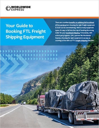 symbolizing progress and direction.|A brochure cover titled Your Guide to Booking FTL Freight Shipping Equipment by Worldwide Express. The background showcases a scenic highway with trucks hauling covered freight