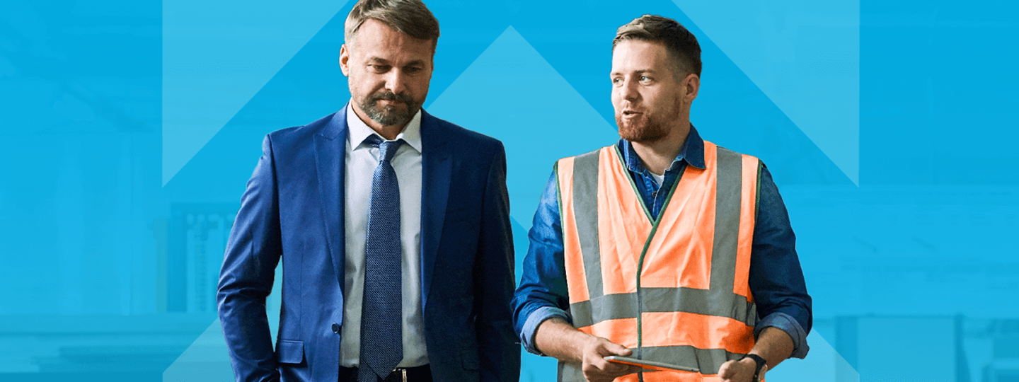 holding a tablet. The background is a light blue with an upward arrow design.|Two men are walking indoors; one wears a suit