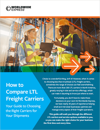 and a section of an asphalt roadway with yellow directional arrows.|Aerial view of two blue LTL freight shipping trucks parked at loading docks of a warehouse. The carriers are aligned beside each other on marked concrete bays