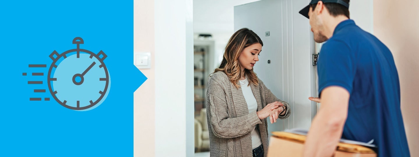 highlighting small business shipping efficiency. A stopwatch icon with speed lines appears on the left