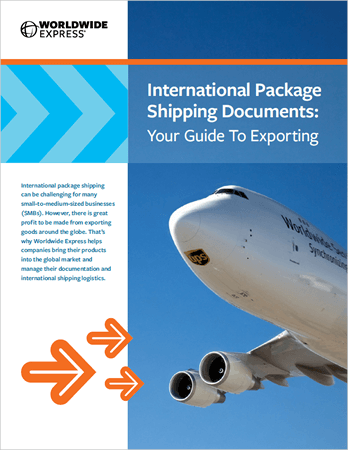 suggesting a theme related to international package shipping or travel.|A large cargo plane soars under a clear blue sky. The text reads