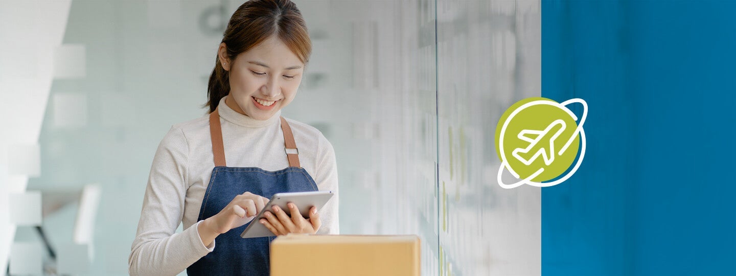 set against a green circle on a blue background. A cardboard box is partially visible.|A person wearing a blue apron is smiling and using a tablet. They stand near a large box with a graphic of an airplane taking off encircled on the right side