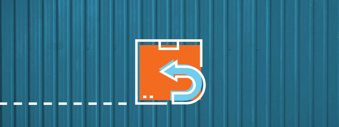 positioned on the right side. A dashed white line runs horizontally across the image.|Illustration of a stylized package with a curved arrow pointing left