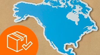 Image of a stylized blue map of North America on a brown background. An orange circle with a white box icon and a checkmark is in the bottom left