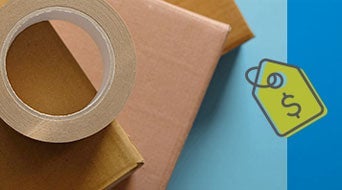 A roll of packing tape atop two cardboard boxes signifies cost-effective shipping. A blue background with a yellow price tag icon featuring a dollar sign graces the right side