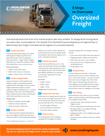 signaling an oversized freight. A white vehicle and another part of the trailer are visible in the blurred background.|Infographic titled 8 Steps to Overcome Oversized Freight featuring a truck and moving cargo. Follow our checklist with detailed steps like verifying size limits
