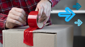 Person in a red plaid shirt sealing a cardboard box with red tape. Blue arrows are superimposed on the image