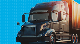 A large black semi-truck with a container trailer is shown on a light blue patterned background. The trucks grill and mirrors are visible