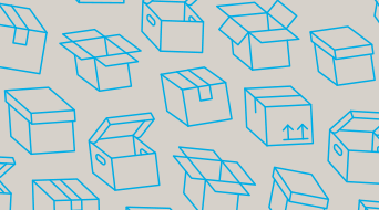 Pattern of various open and closed cardboard boxes outlined in blue on a white background. The boxes are arranged in a random orientation